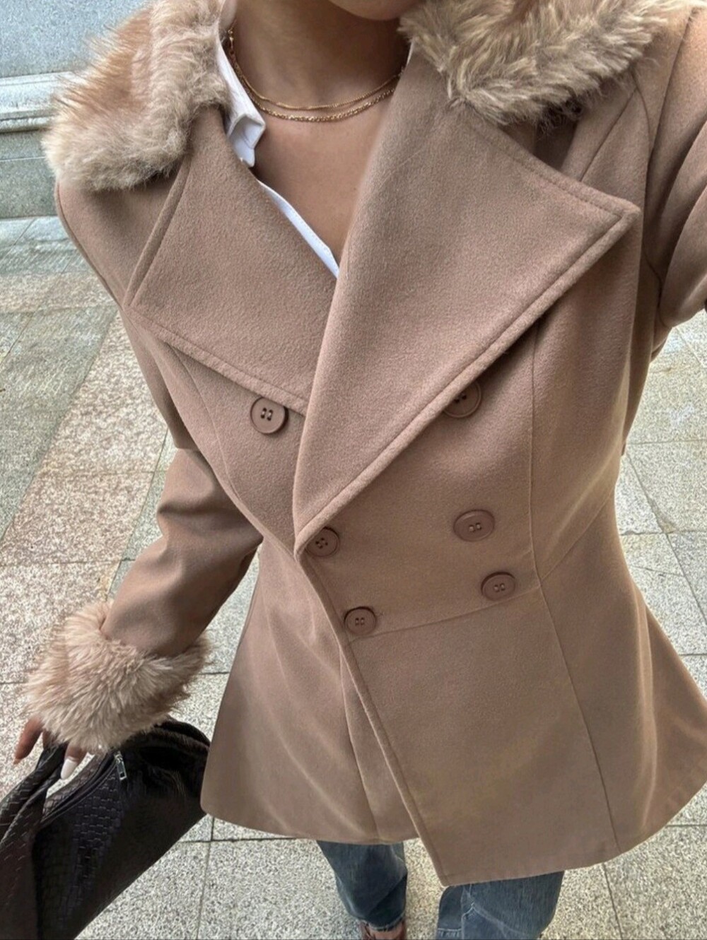 Casual Fashion Vintage Brown Patchwork Faux Fur Overcoat, Slim Fit - Picture 4 of 6